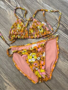Xhilaration Yellow Pink Orange Floral String Bikini